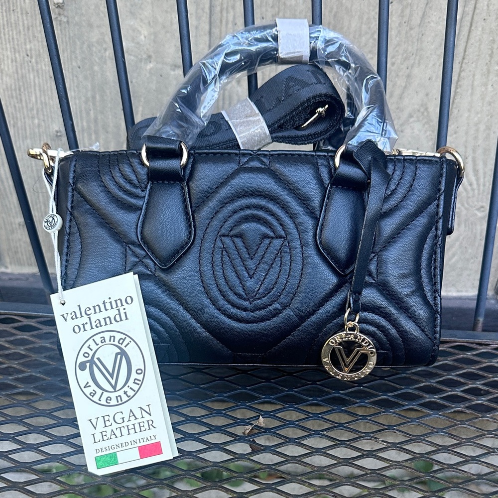 Valentino Orlandi Black Quilted Crossbody Bag with Bag Charm